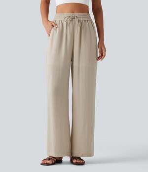 NWT Halara High Waisted Drawstring Pull On Wide Leg Pants Khaki Tan Size Small